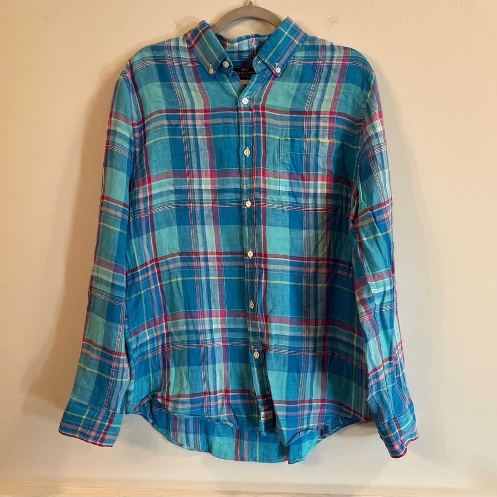 Men’s Vineyard Vines blue plaid casual button down shirt size medium M